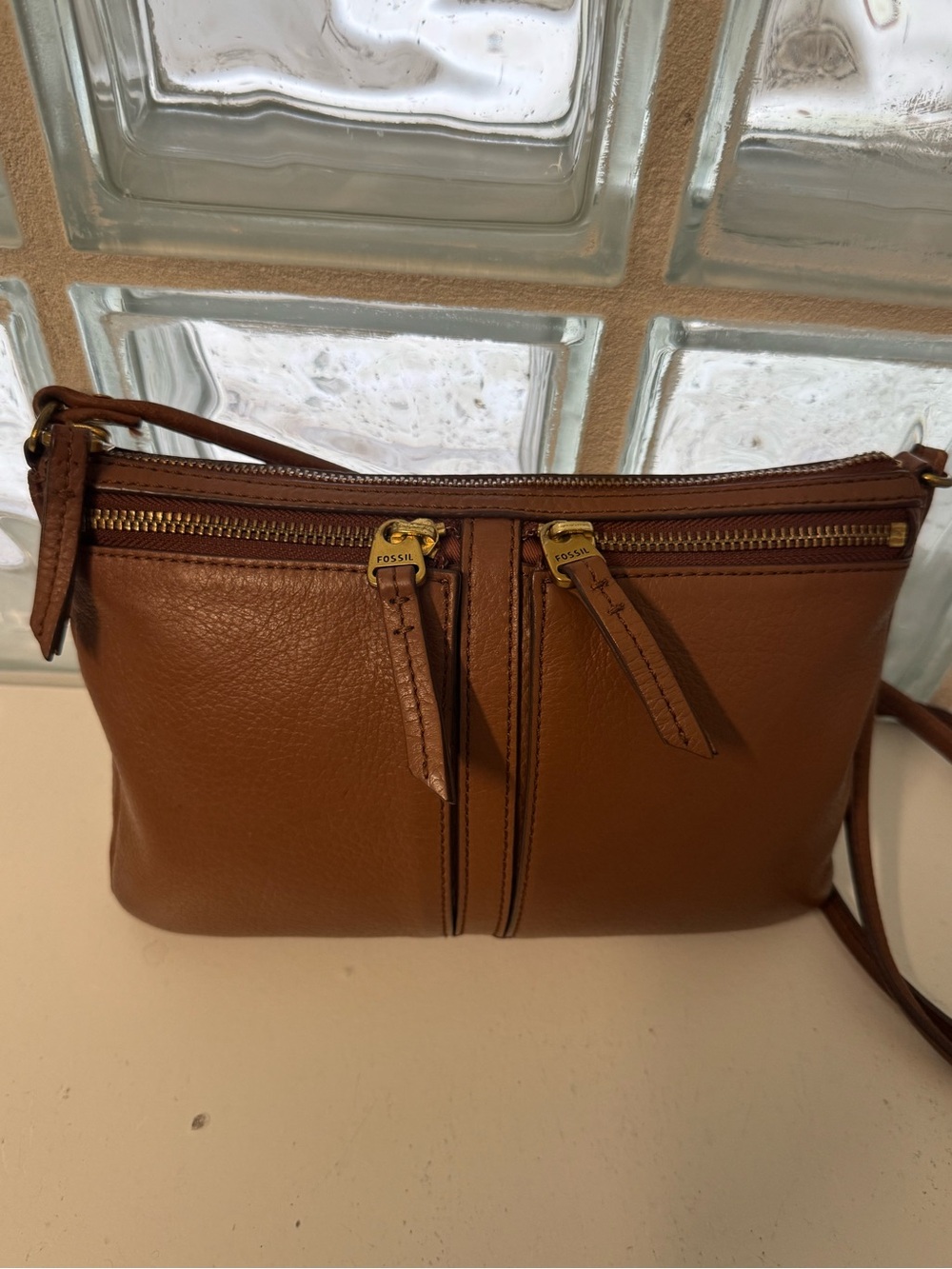 Fossil Brown Leather Double-Zip Crossbody Bag